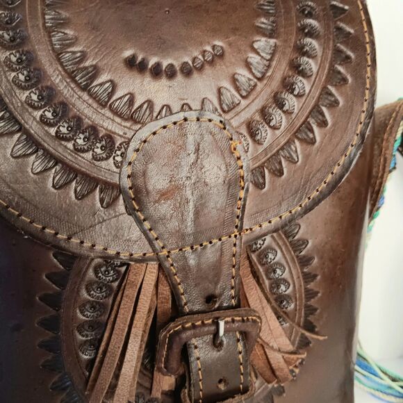 Leather Tooled Crossbody Purse Dark Brown With Turquoise & Green Crochet Strap - Picture 7 of 16
